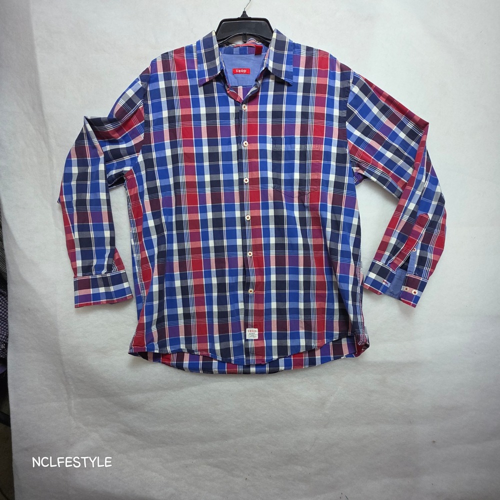 IZOD Mens Large Blue Red Plaid Long Sleeve Button Down Shirt 0213